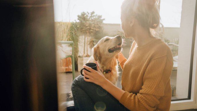 Bild zeigt Frau mit Hund auf der Terrasse. Es geht um die Intro ins Thema Energie.